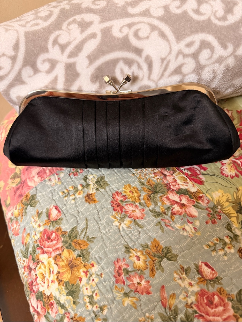 Classic Black Satin Clutch with Silver Frame